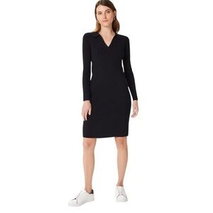 Hobbs London Black Ribbed Knit Dress Size 4 Midi Casual Dress Collar Stretch